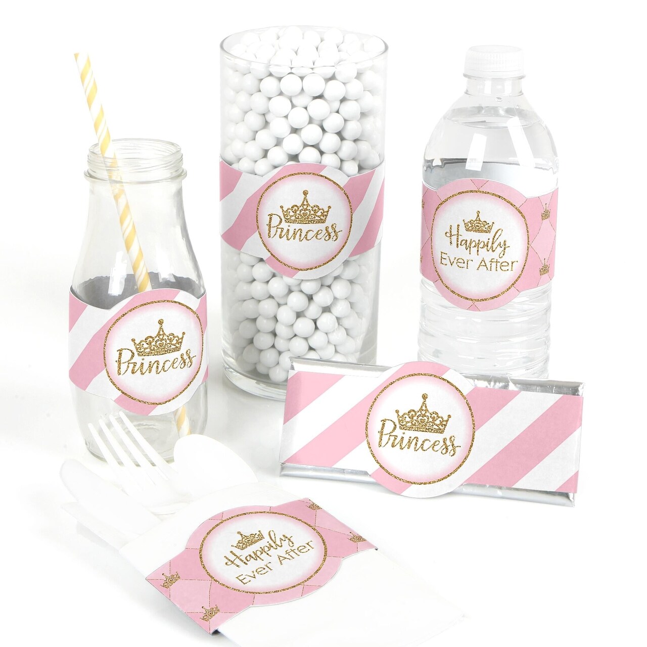 Big Dot of Happiness Little Princess Crown - DIY Party Supplies - Pink and Gold Baby Shower or Birthday Party DIY Wrapper Favors & Decor - Set of 15